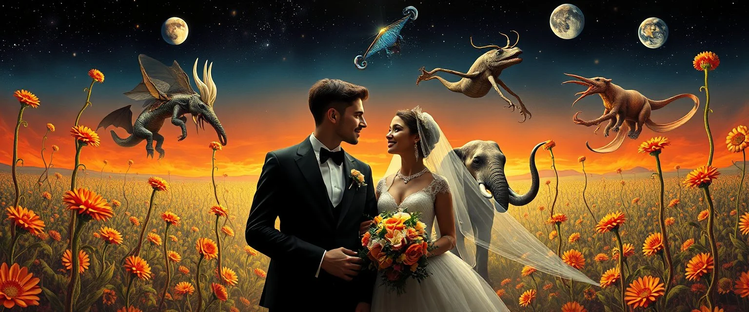 wedding couples promenade portrait of a bear ant eater squid elephant horse dragon floating in 4 dimensions, goa trance movie poster, stylized art, weird endless plants in the style of Dali and Rembrandt