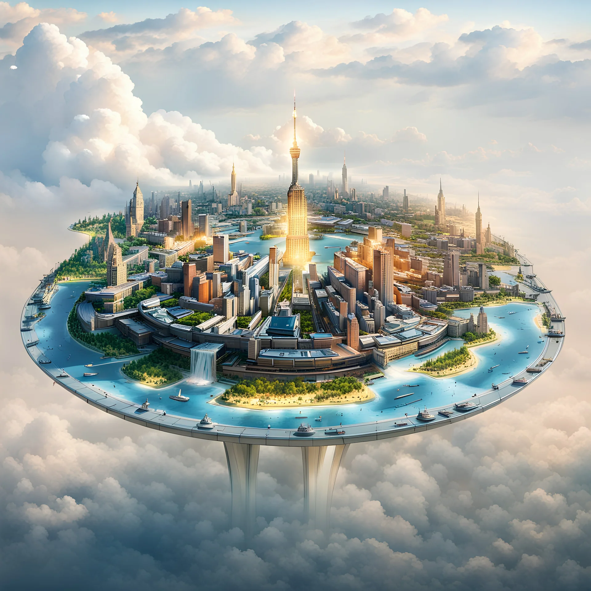 in summer,in spring,sky,sun,masterpiece,best quality,((futurism)),available light,moody lighting,castle,waterpark,city,ferris wheel,art gallery,museum,cyberpunk, Statue of Liberty in the center, panoramic, Statue of Liberty in the center