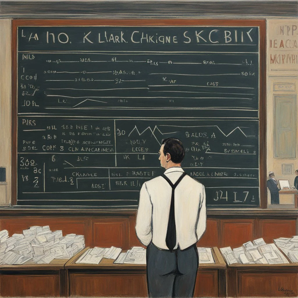 a naive painting of the stock exchange trader in front of the blackboard displaying prices: he underlines the fixing with chalk, thick lines, large areas of flat color, la ligne claire by Kupka