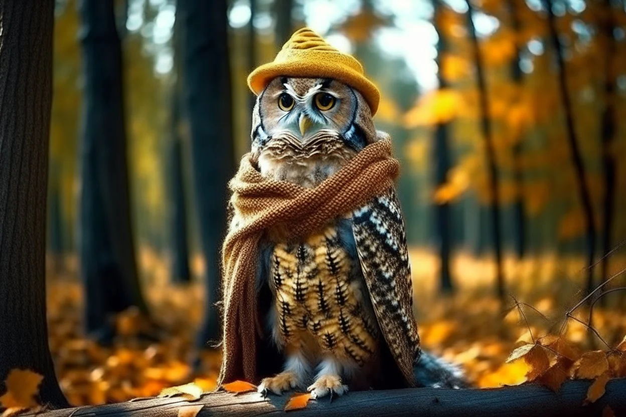Owl wearing a knitted hat and shawl in the autumn forest