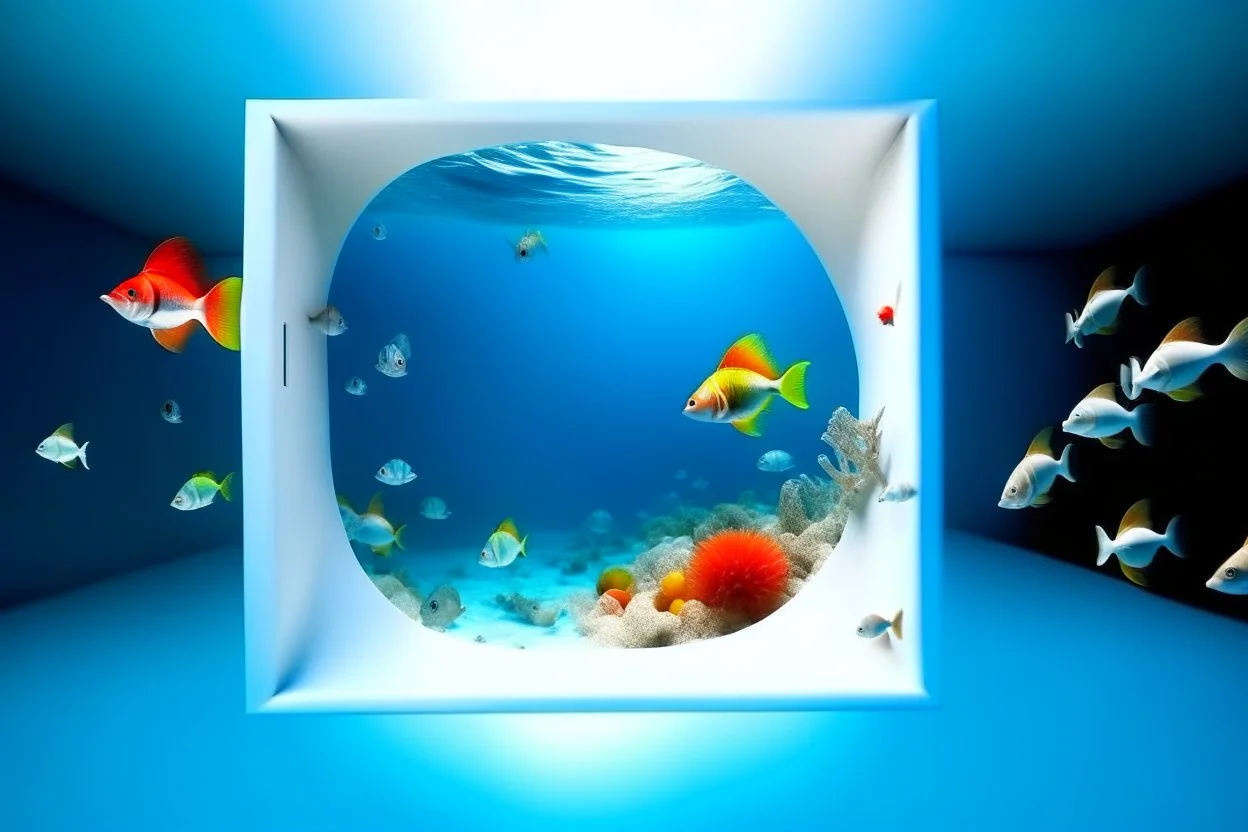 white,background,looking,through,a 3-d, square hole,watching,tropical,fish,swimming,in,the,ocean