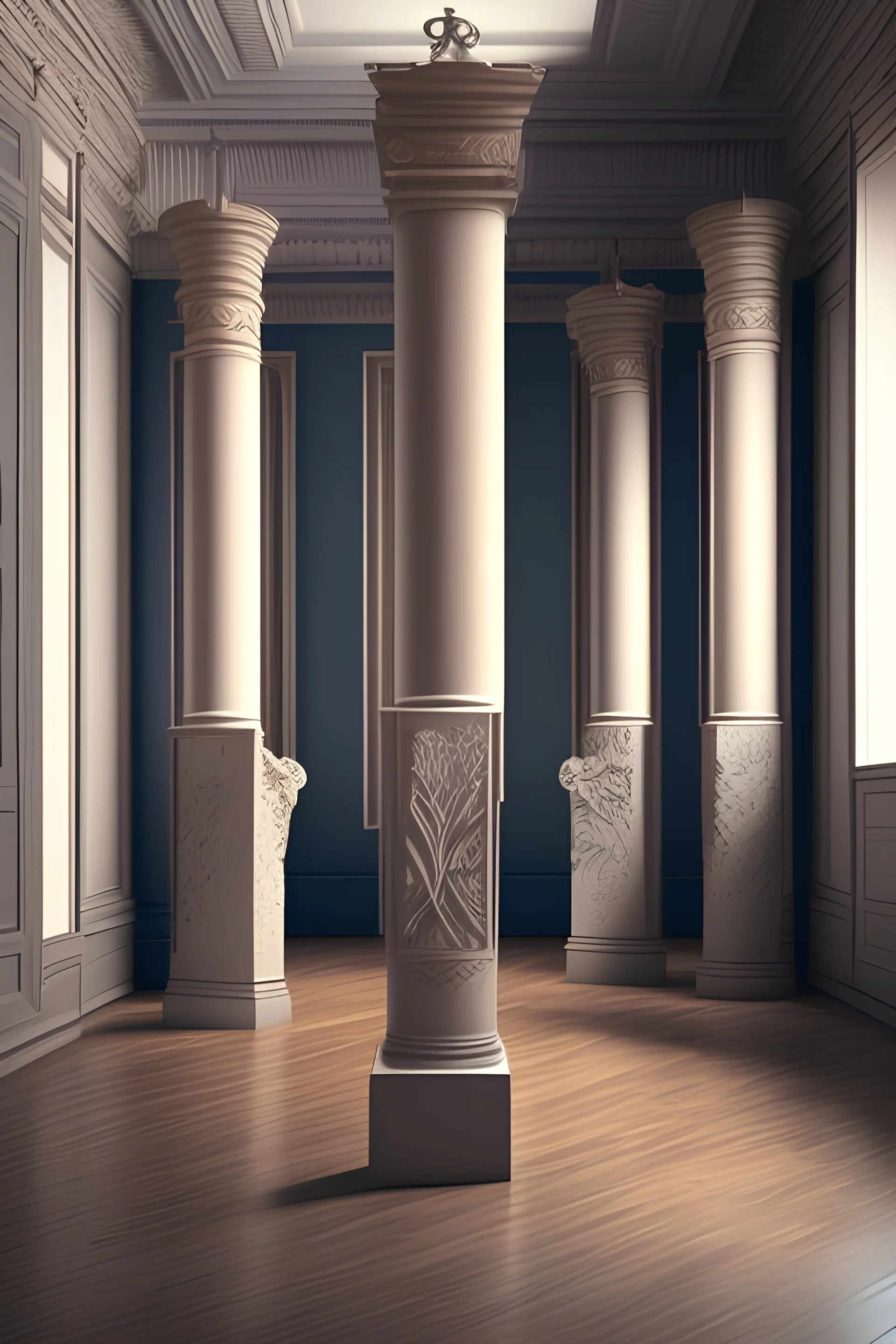 a gallery room with eight empty pedestals