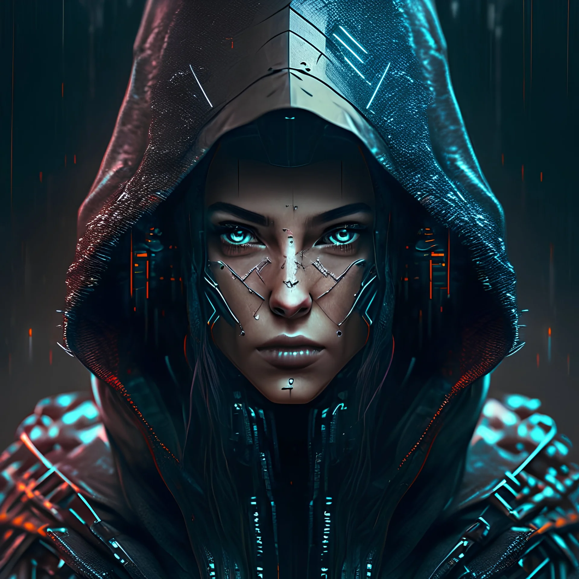 portrait of a cyborg woman cyberpunk wearing hood