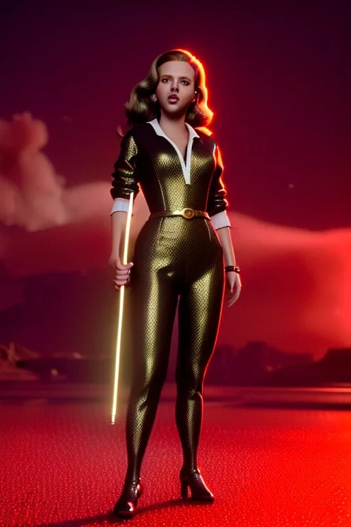 retro portrait image from 1960, explosion background, long hair, young Scarlett Johansson, classic black tight lycra suit, metal stick weapon, gold bracelet and belt, high heel boots, soft color, highly detailed, unreal engine 5, ray tracing, RTX, lumen lighting, ultra detail, volumetric lighting, 3d, finely drawn, high definition, high resolution.