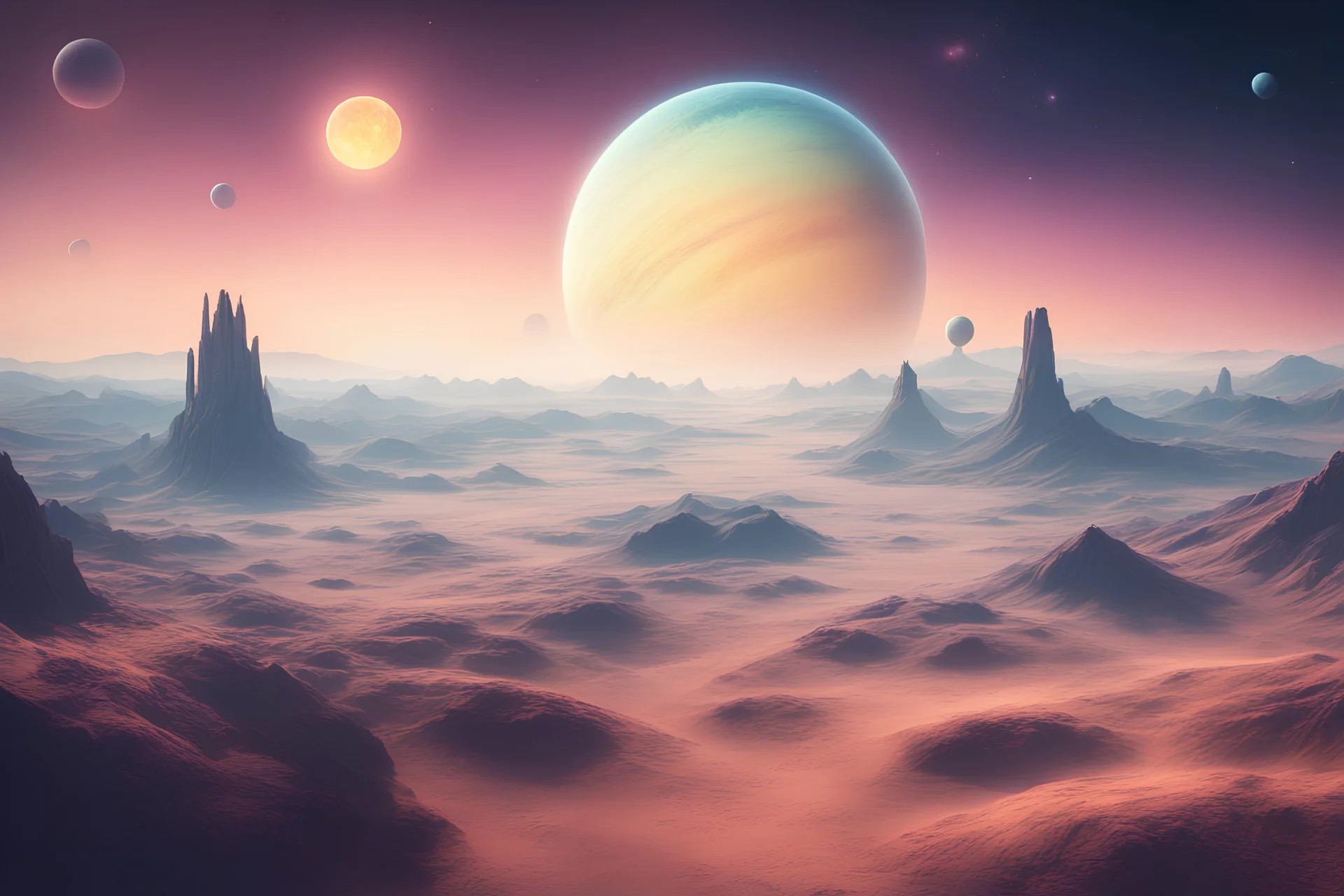 alien planet, top view of the landscape, two big planets in the sky, pastel colors, stylized, Bokeh, 35mm, Vivid hue, golden hour, futuristic style,