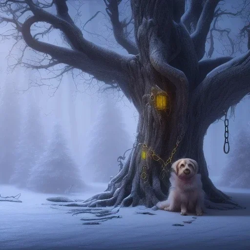 sad dog chained to tree outside of house, the Grim Reaper standing nearby, winter, 8k resolution, high-quality, fine-detail, iridescent, intricate, digital art, detailed matte, volumetric lighting, illustration, 3D octane render, brian froud, howard lyon, selina french, anna dittmann, annie stokes, lisa parker, greg rutowski,