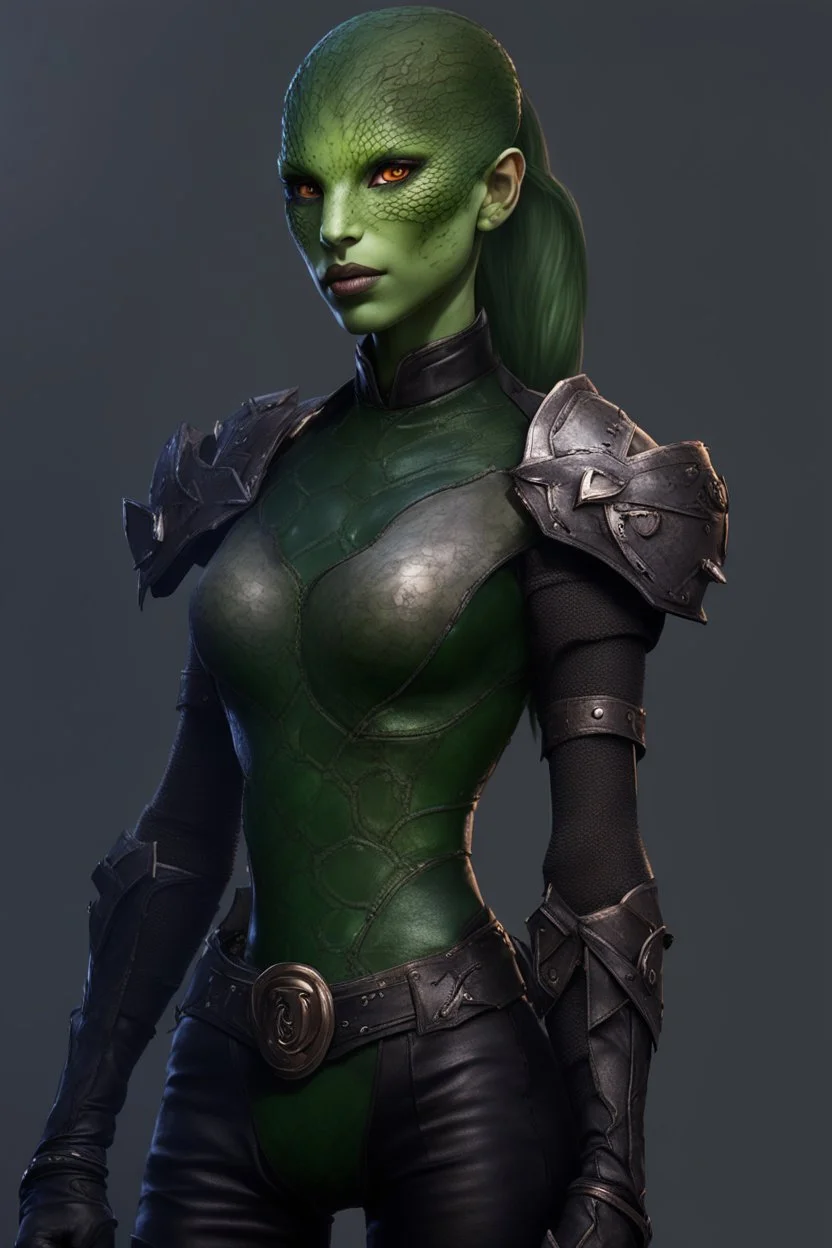 female snake humanoid, green scales, wearing a black leather armor, dungeons and dragons