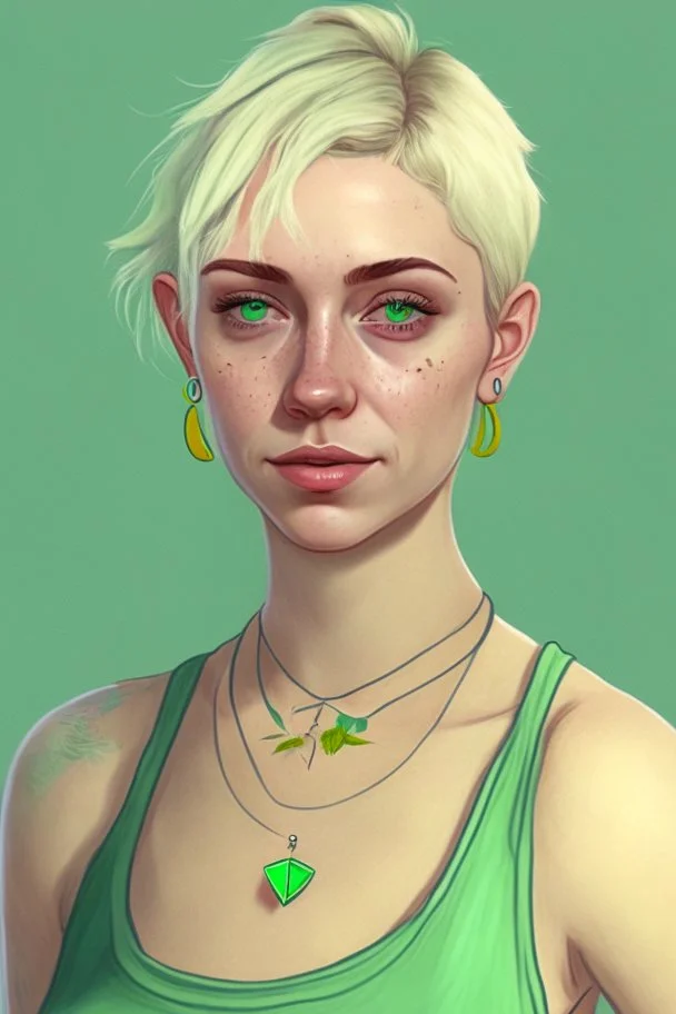 Realistic young woman, short white blonde hair in a half ponytail, pale skin, light blue-grey eyes, freckles, big green earrings, green and gold necklace, green tank-top with blue overalls on top, plant tattoo on arm