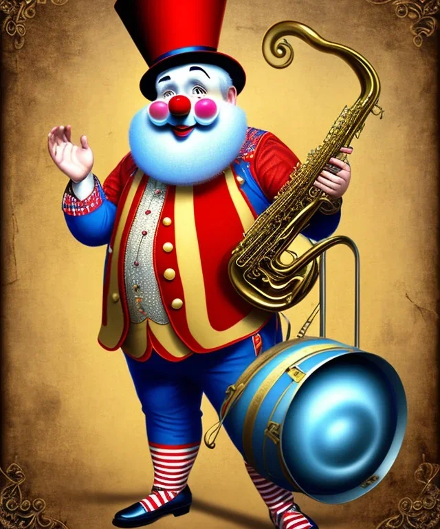 happy old friendly fat clown with trimmed beard playing jazz with a steampunk theme, circus, realistic