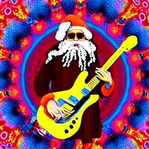 hippie Santa playing electric guitar psychedelic peace sign, MUSHROOMS, TRIPPY, ACID, LSD, dreadlocks