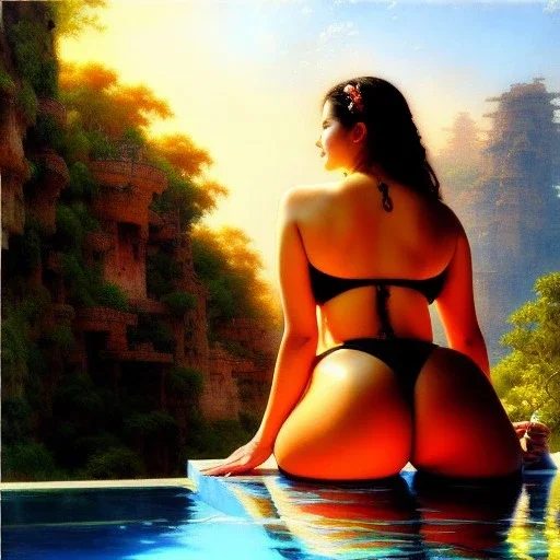 Drawing of beautiful face,'beautiful booty,Busty fit 'woman in swimming pool',intense stare, ancient skintight armor, balanciaga fashion clothe painting by gaston bussiere, greg rutkowski, yoji shinkawa, yoshitaka amano, tsutomu nihei, donato giancola, tim hildebrandt Oil on canvas, cinematic composition, extreme detail,fit full head inside picture,16k