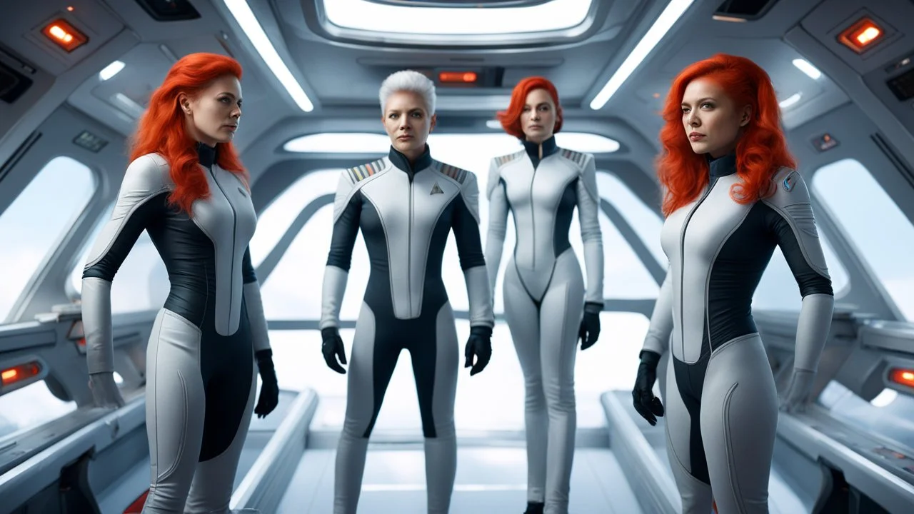 Photorealistic picture of a man in a flight suit with two tall, slender female androids in biosuits, one with red hair and one with white hair, standing on the bridge of a star trek style spaceship.