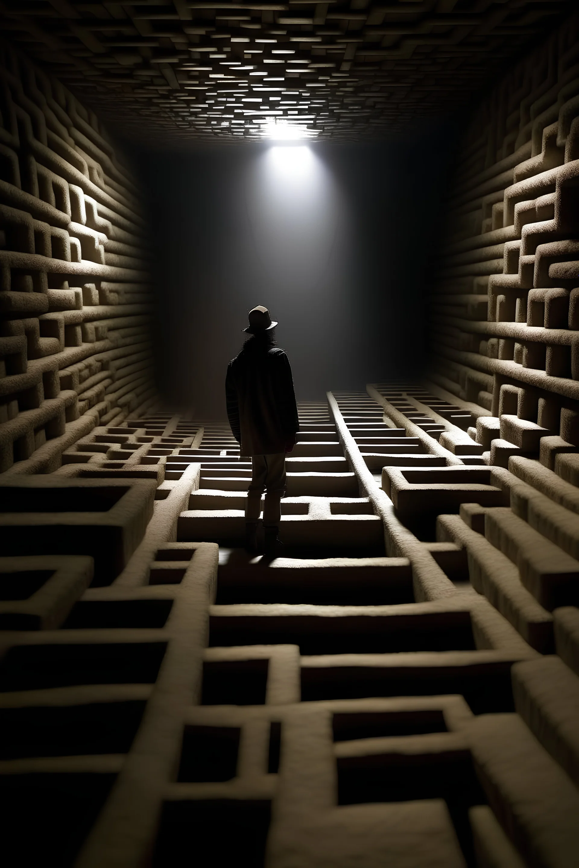 an archaeologist STACKED IN A big labyrinth walls in dark