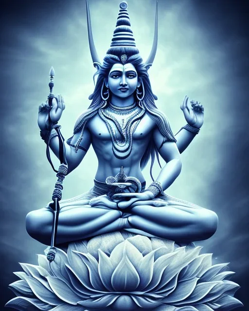 tribal lord shiva meditating in the air, ultra realistic photo, blue colour, high key lighting, volumetric light high details psychedelic background