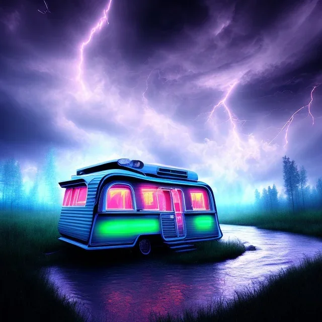 An old caravan at the bottom of an streaming river, lots of clouds within neon lights, thunder