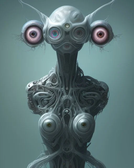 an ethereal alien creature with three eyes, with several extra limbs and slender composition, is i transitioning wild landscape full of flowers , highly polished, chrome airbrush style, dreamlike composition, color penciling color palette, surrealistic retro-futurism, fantasy, vintage scifi, psychedelic aesthetic, Camilla d'errica, pop surrealism, highly detailed, arthur lismet, artstation, 1960s psychedelic drawing, smooth