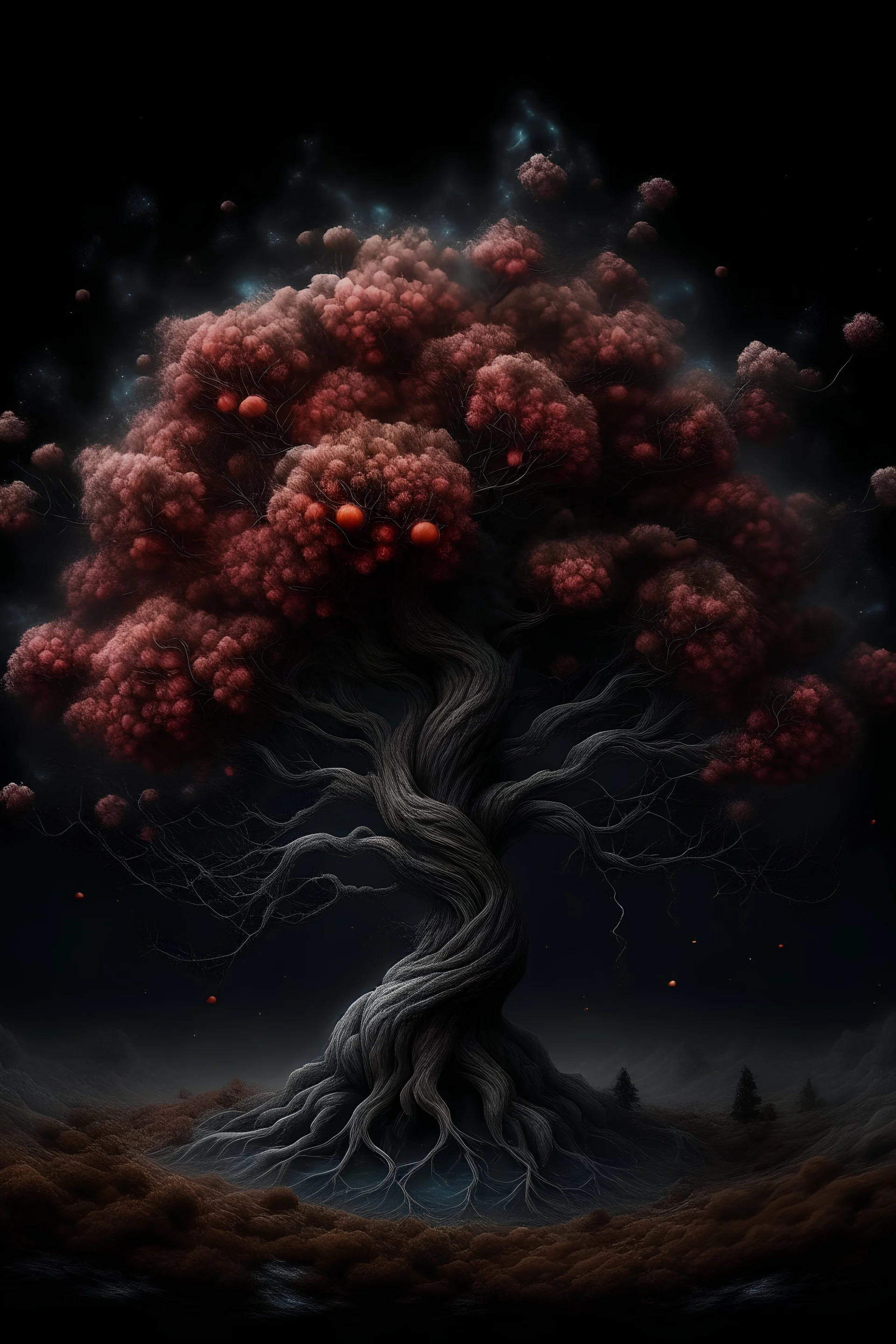 gothic, epic, fabulous, ancient tree with a lush crown, Inferno sakura, snow, hyperrealism, microdetalization, surreal, drawing details, clear outline, color illustration, aesthetics, stardust, mystical landscape, horror, noir, gloomy atmosphere, clouds, Space, Planets, comets, dark botanical, dark fantasy, multicolor, detailed,36d,threads, fibers, star map, horror aesthetics, mint, pink, fantastic flowers, ambient clarity, volumetric, fog, white haze, crystals