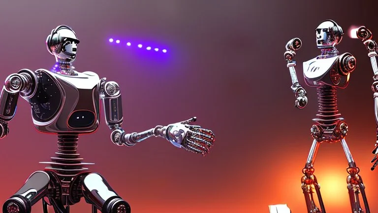 4K, robot-style terminator in a radio studio recording a hard rock show.