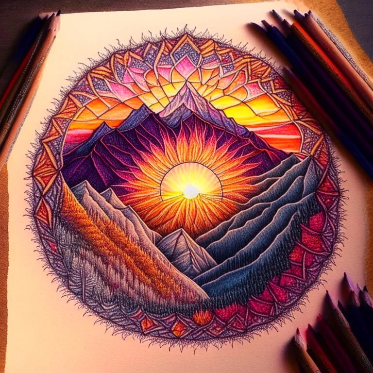 Mandala drawing with colored pencils of a sunset in the mountains.