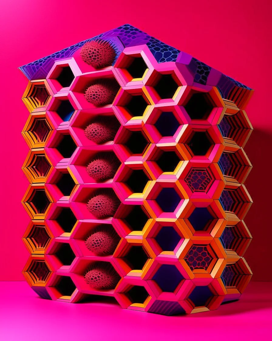 A magenta honeycomb hive with honeybees designed in Japanese origami painted by Victor Vasarely