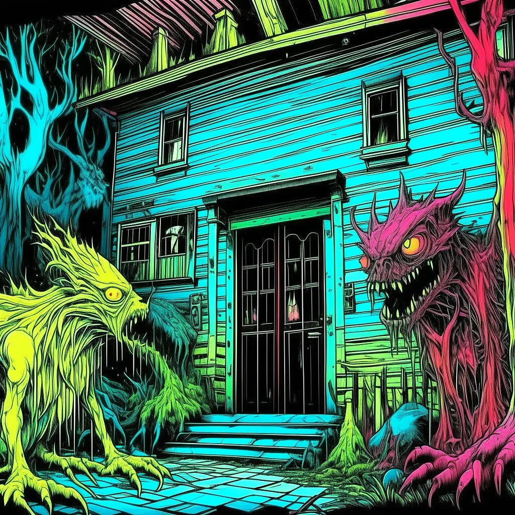 no text, curious nightmare creatures approaching a house, surreal, sinister, profound, dramatic, modern anime, color pen and spray-paint, intricate detail,