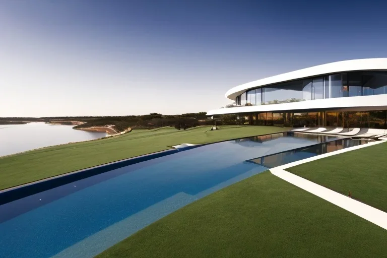 algarve in quinta do lago, one straight line building of 250 meters long pool of a modern luxury architecture with wood and gold metallic pergolas with pool on rooftop, on a slope with pinus pinea, a road wrap around for low speed veicular road