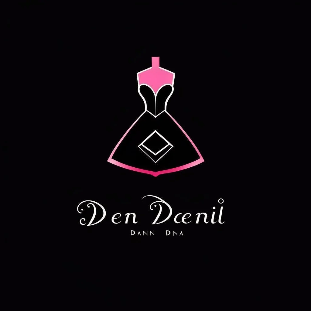 Create a logo with the name Deniz Boutique, inspired by diamond dresses, with the symbol of the dress, baby pink, black background.