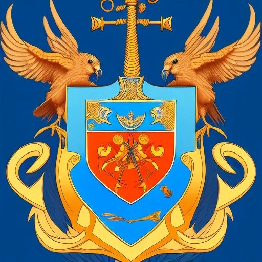 coat of arms of a city in a bay with an anchor and a kestrel, very detailed