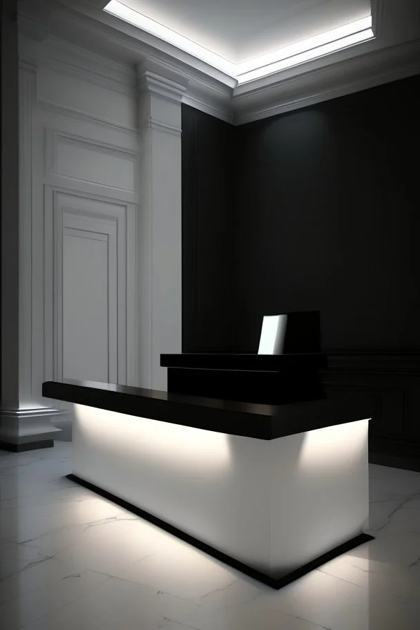 Museum reception desk with black walls, white floor, and hidden or rich lighting