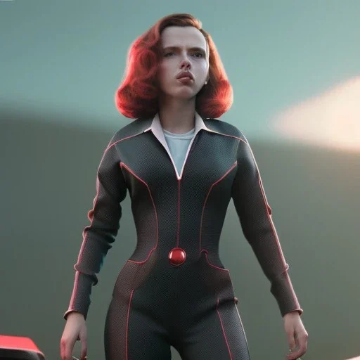 retro sci-fi portrait image from 1960, supermarket parking explosion, fire, classic black widow, young Scarlett Johansson, tight lycra suit, soft color, highly detailed, unreal engine 5, ray tracing, RTX, lumen lighting, ultra detail, volumetric lighting, 3d, finely drawn, high definition, high resolution.