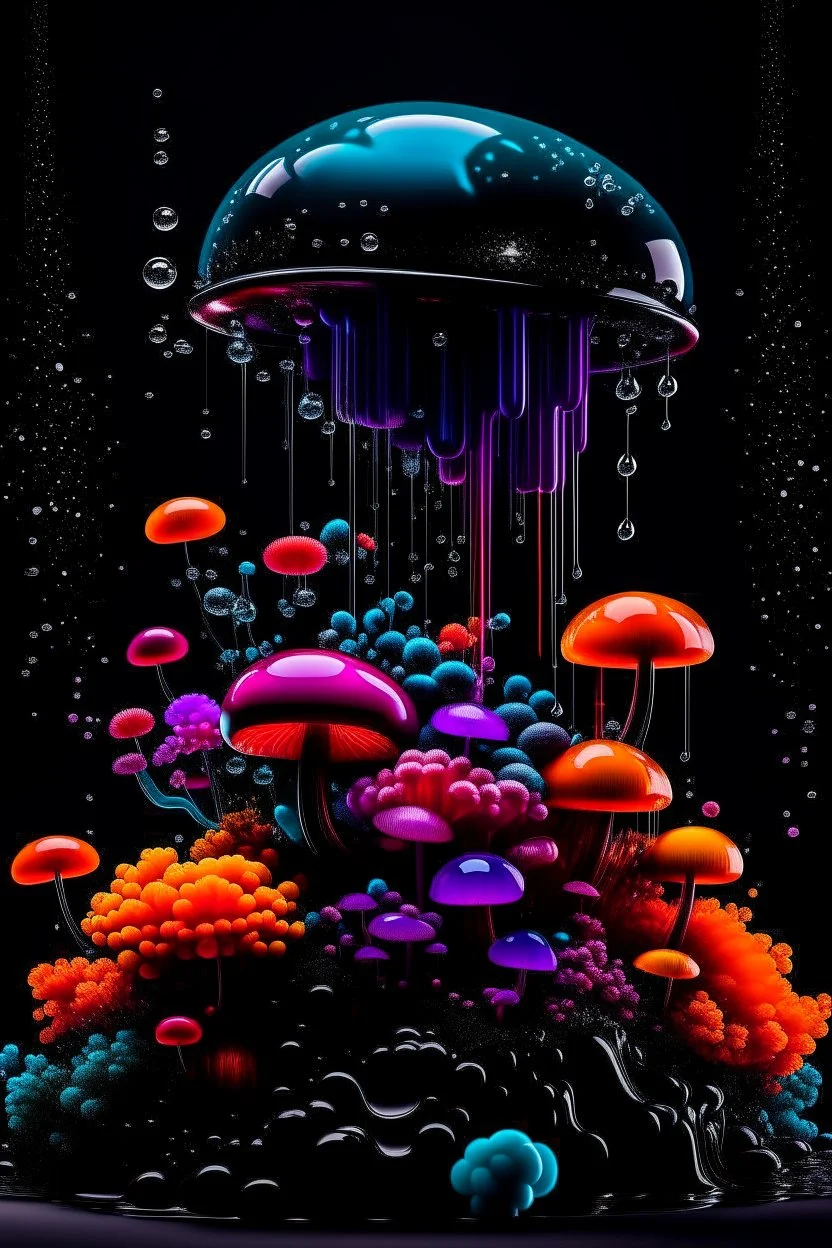 Exotic Flora, fauna, mushrooms, fungi and coral dripping black liquid in the Multiverse