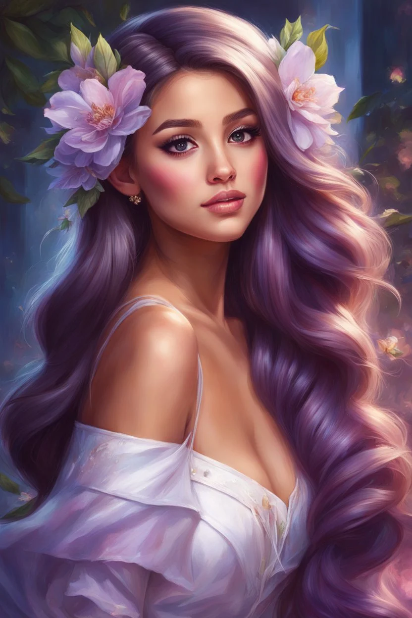 a girl with long hair and flowers in her hair, painting of ariana grande, portrait of ariana grande, ariana grande portrait painting, carlos ortega elizalde, beautiful elf with violet skin, beautiful fantasy art portrait, realistic cute girl painting, marc brunet, by Magali Villeneuve, artgerm. anime illustration, by Lü Ji, realistic anime art style