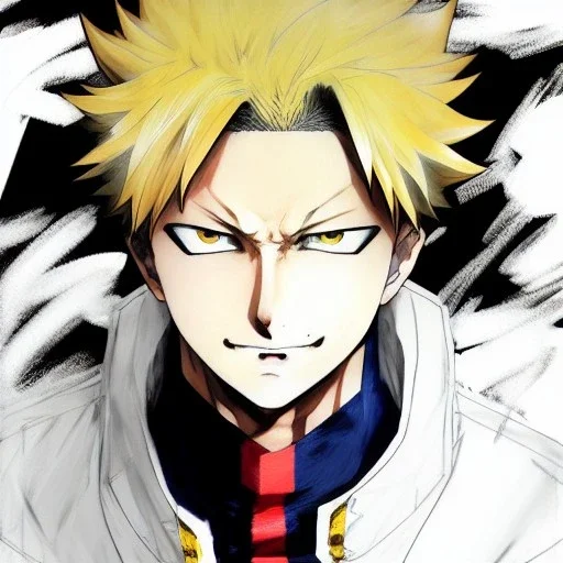 Detailed anime portrait of bakugo from my hero academia, gold hair and golden eyes, black suit, intricate details, full body portrait, keep head in frame, slight smile, black Japanese motif, concept art, highly detailed, digital painting, concept art, sharp focus, illustration, art by Yoji Shinkawa, WLOP and greg rutkowski and alphonse mucha and artgerm and yanjun Chen and Junji ito and Makoto Shinkai, HDR, octane render