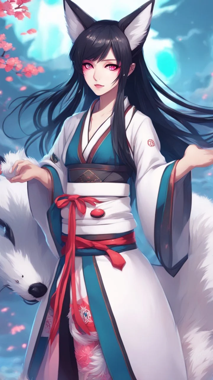 A close hot picture of Ahri with black hair and Japanese Clothes and nine White fox tail with neon glowing in fantasy world