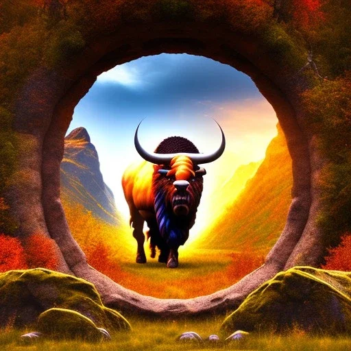 Nærøyfjorden Verdsarvpark, trippy vaccine, with centered closeup of an ancient bison standing in a portal from the desert,sun,mist,autumn, in the style of pixar