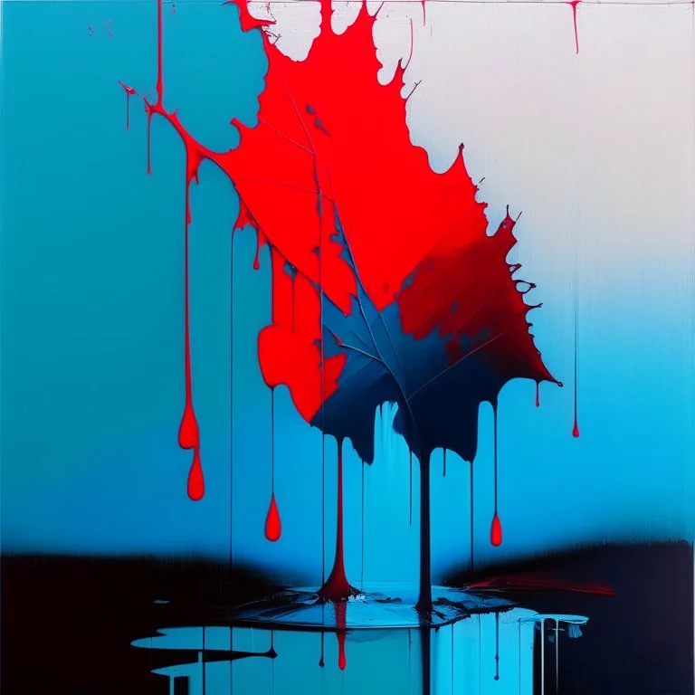 Minimal abstract flat oil painting of a neon large red leaf in landscape. With triadic blue colours. Dripping paint. In the style of Justin Mortimer and Phil Hale, Ashley Wood