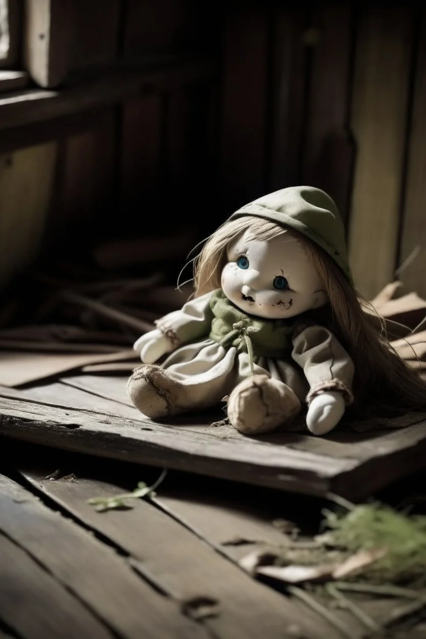 An old rag doll lies forgotten in the corner of an attic