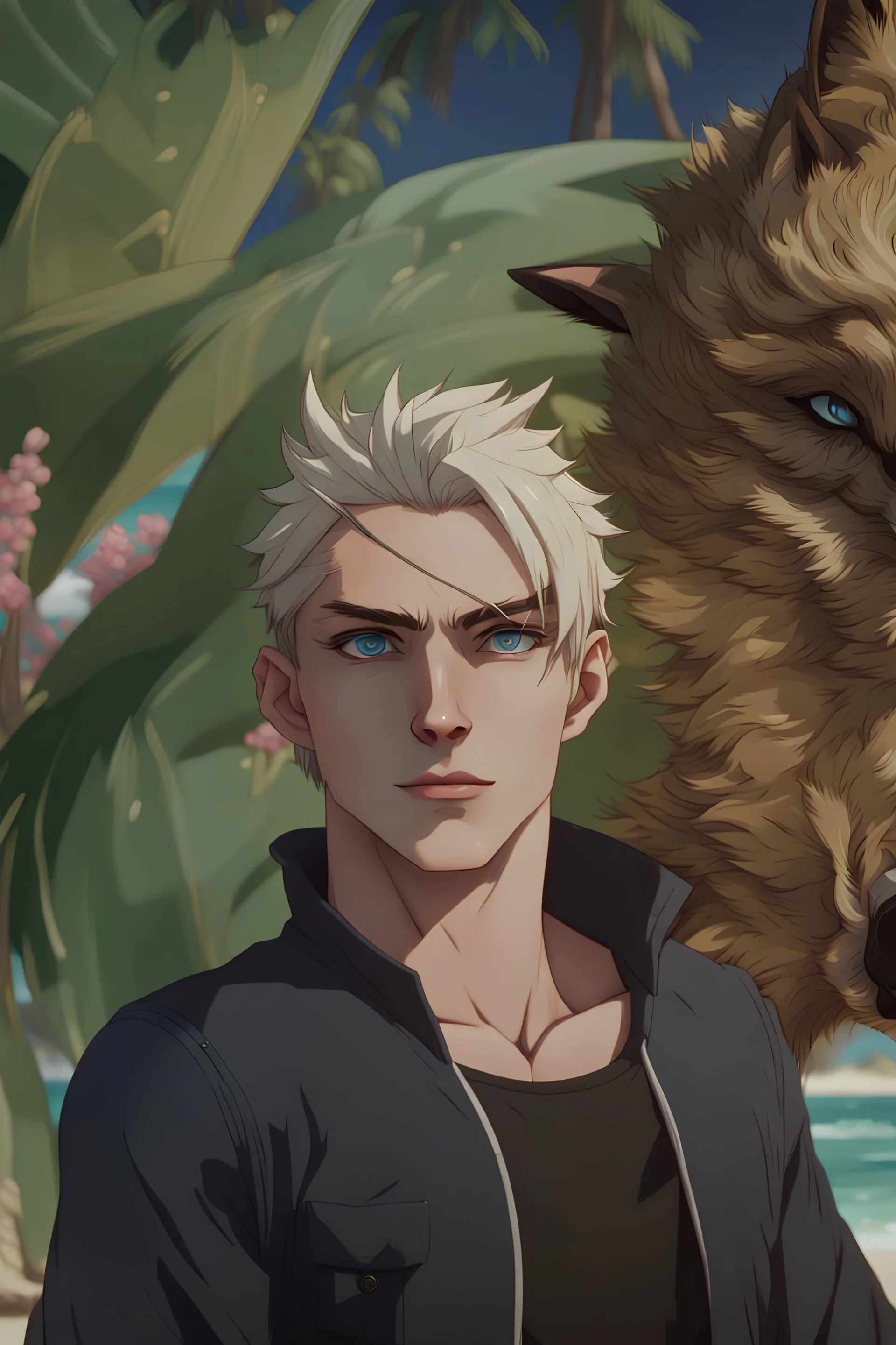 The beautiful and perfect portrait is on the tropical island, anime, anthropomorphic wolf, a blonde-haired and pale blue-eyed male character on the beach for the magazine, 8K resolution, high quality, ultra graphics, and detailed with lines.