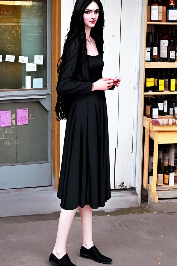 tall thin girl in black clothes, long dark wavy hair, outside an apothecary shop