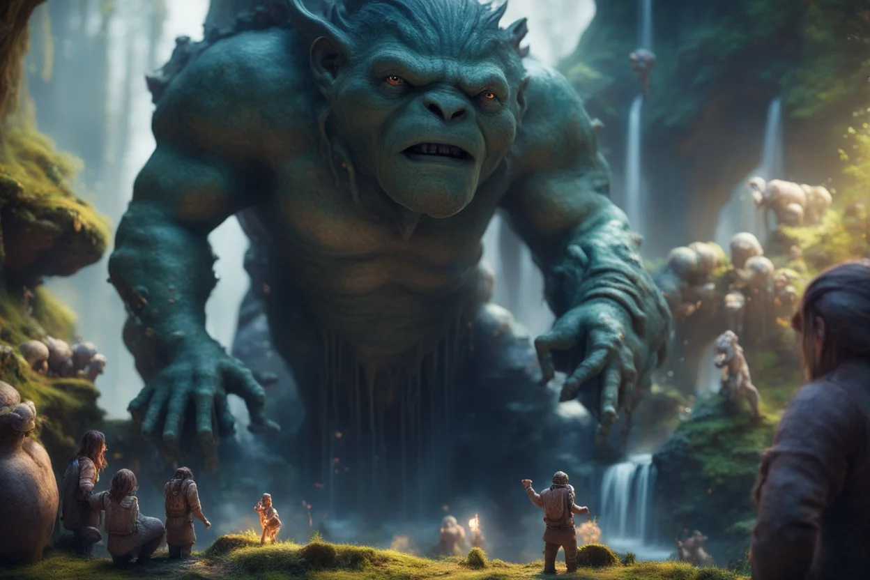 book cover illustration of archeologists discovering woodland creatures in Rivendell worshipping big fat alien troll statues with many head and idols like from a myth or legend, on a strange planet with weird colors and waterfalls, bokeh like f/0.8, tilt-shift lens 8k, high detail, smooth render, down-light, unreal engine, prize winning