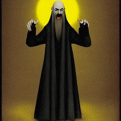 Russian Orthodox nosferatu with five yellow eyes and tentacle beard and long arms and fingers and a head plates