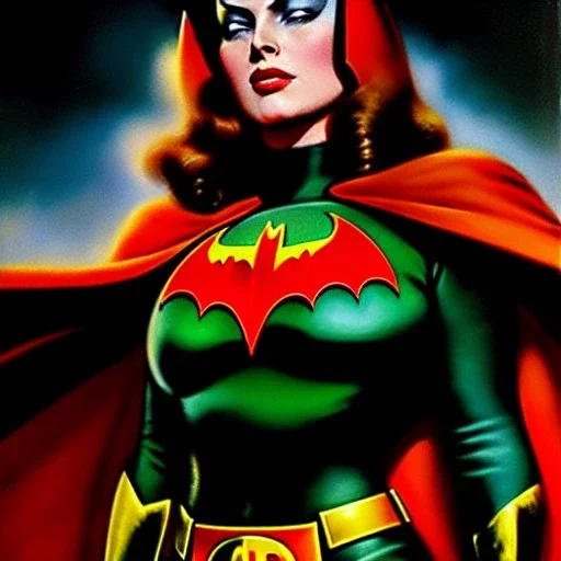 portrait oil on canvas, beautiful busty BatWoman,green eyes, ,minimal armor,comic book cover, mystical colors,insanely detailed,realistic,intrincate detail, 16k resolution, masterpiece,Frank Frazetta,Alex Horley, Simon Bisley