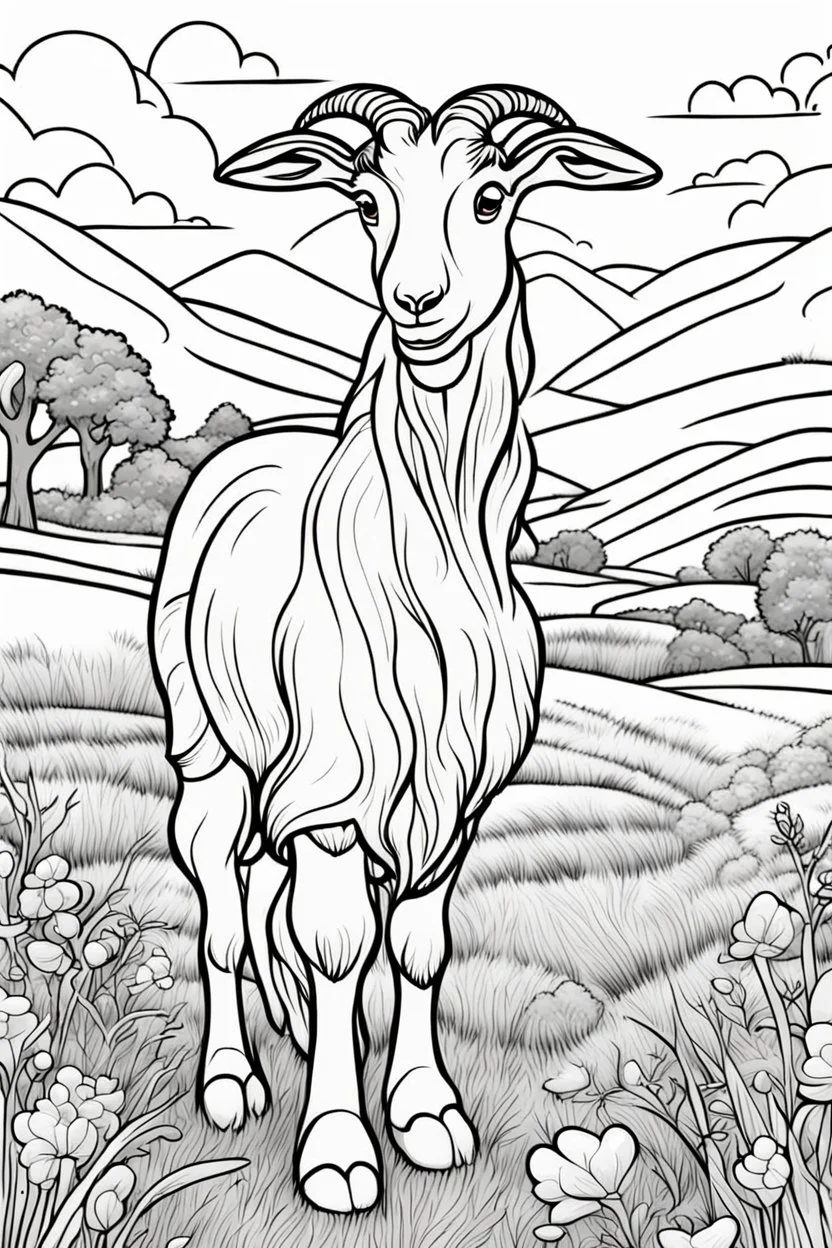 coloring page, goat in meadow, cartoon style, thick lines, low detail, no shading