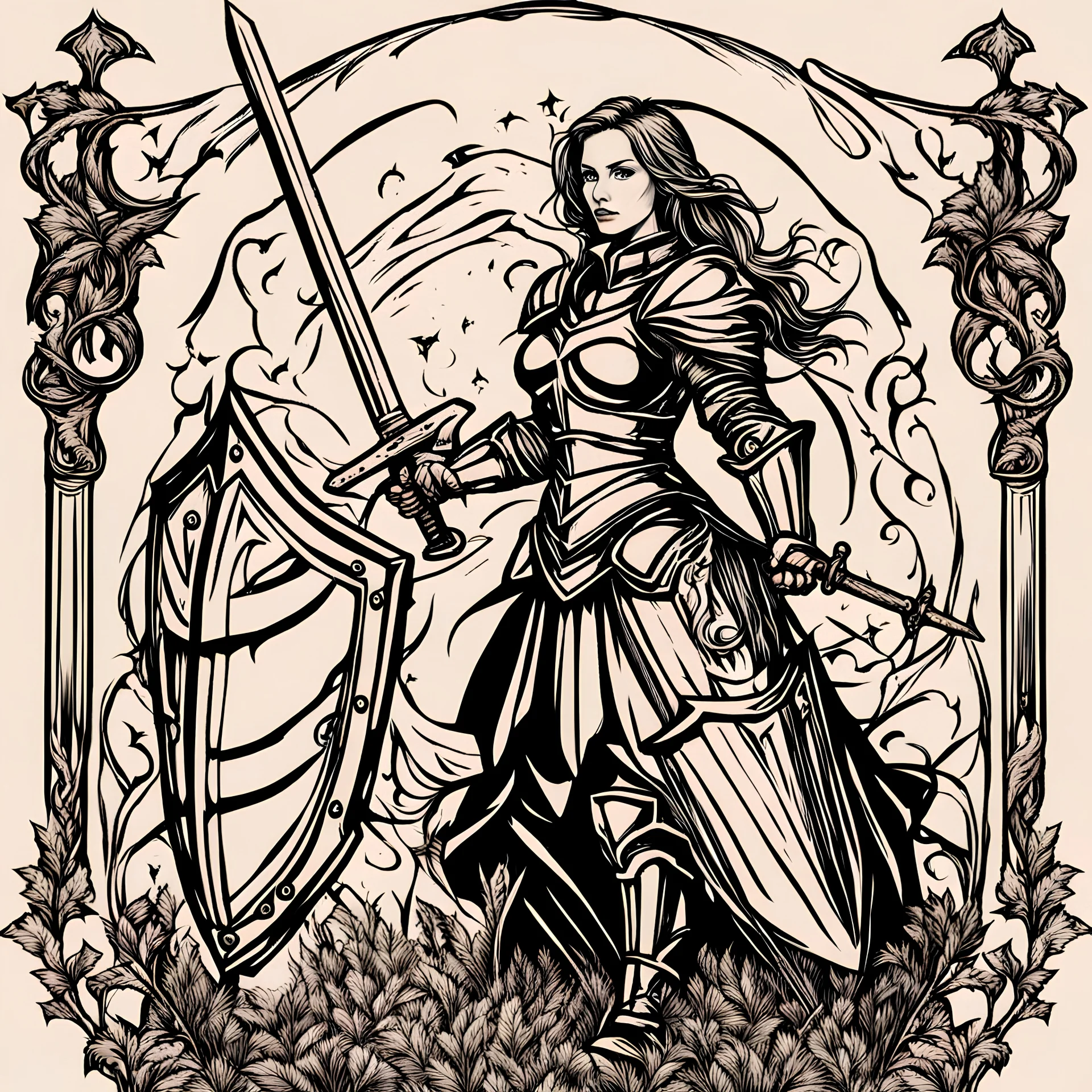 fearless and noble lady knight with sword and shield and magic