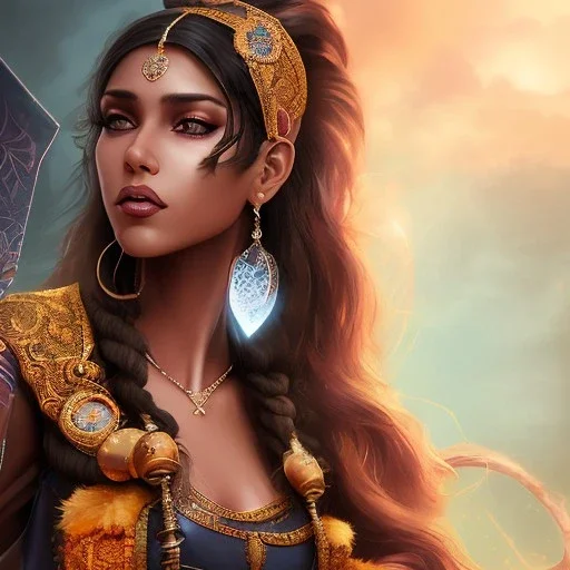 fantasy setting, heroic medieval fantasy, woman, dark skin, Indian, 20 years old, magician, warrior, hourglass body shape, bicolor hair, muscular, cinematic, insanely detailed, Arabian style, half-hawk, short hair, medieval