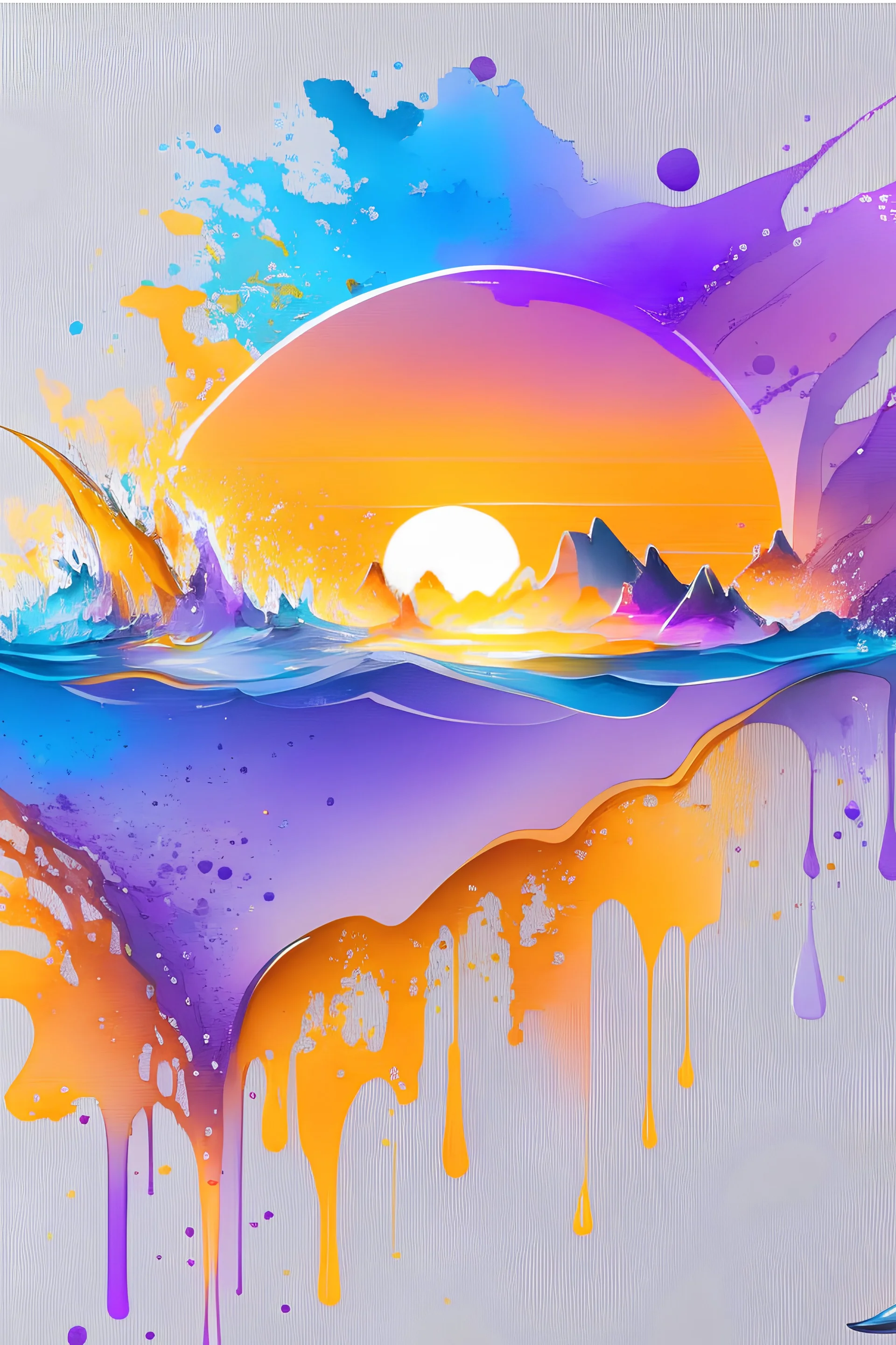 2:3 Full size, watercolor on transparent background paper, chromatic, zoom, sharp, splash of colors on a white background, a detailed golden purple sunset fire style, Real detailed shark, Miami Beach with light blue water, Mountains, graffiti elements, powerful zen composition, dripping technique, & the artist has used bright, clean elegant, with blunt brown, 4k, detailed –n 9, ink flourishes, liquid fire, clean white background, zoom in, close-up,