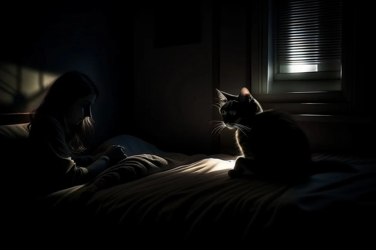 Woman sleeping in a dark room with a black cat. Moonlight filters through the window. Calming atmosphere.