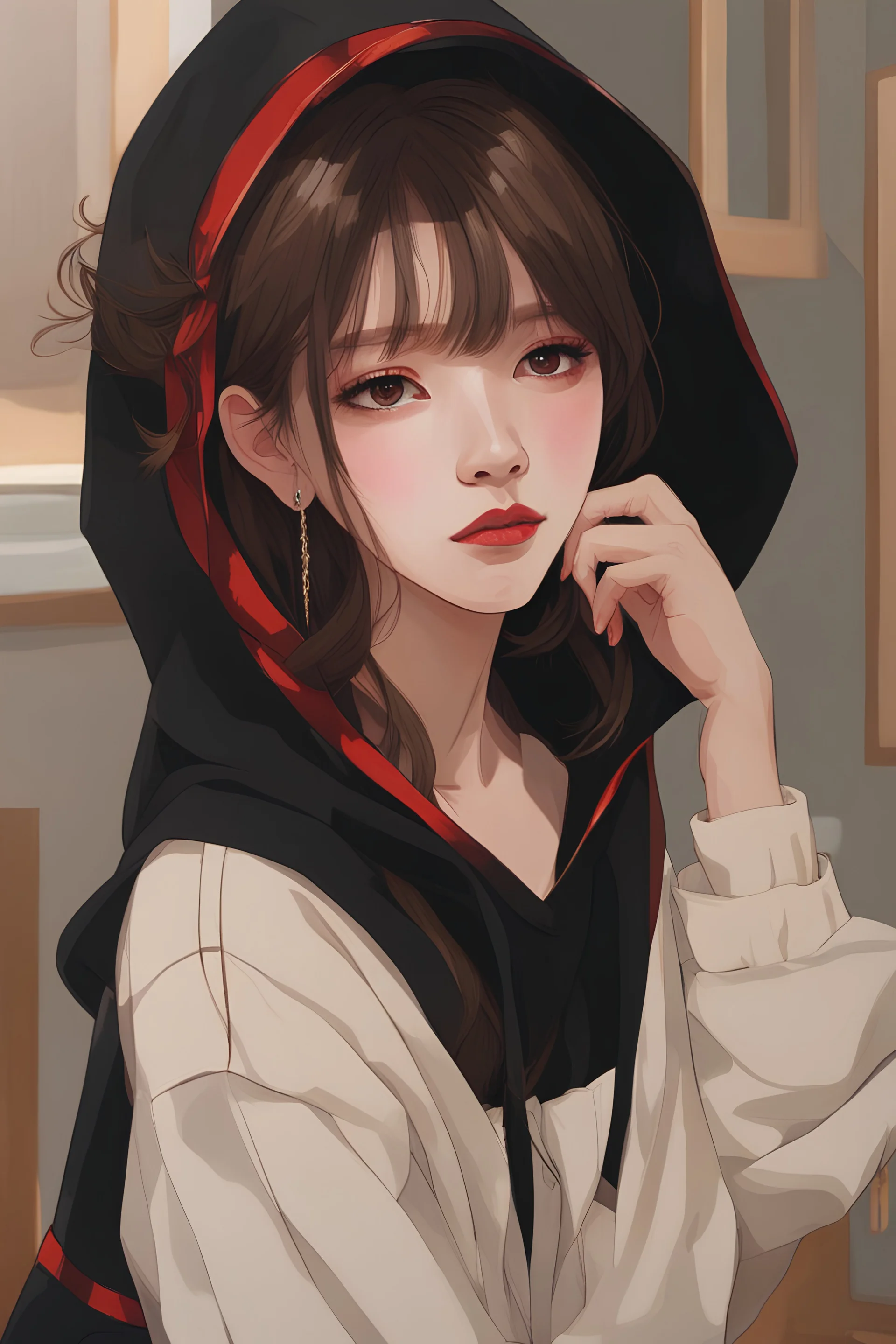 (1girl), looking at the viewer, (masterpiece), ((sfw)), beautiful kpop idol, ((wearing black sweater with hood up)), (shiny black pants), (brown hair), (red lips), real human skin, detailed beautiful face, detailed skin texture, symmetrical eyes, looking at the viewer, dark makeup, sharp focus, absurdres, (indoor), highly detailed, intricate. shade, backlighting, depth of field, natural lighting, (ultra high quality:1.3)
