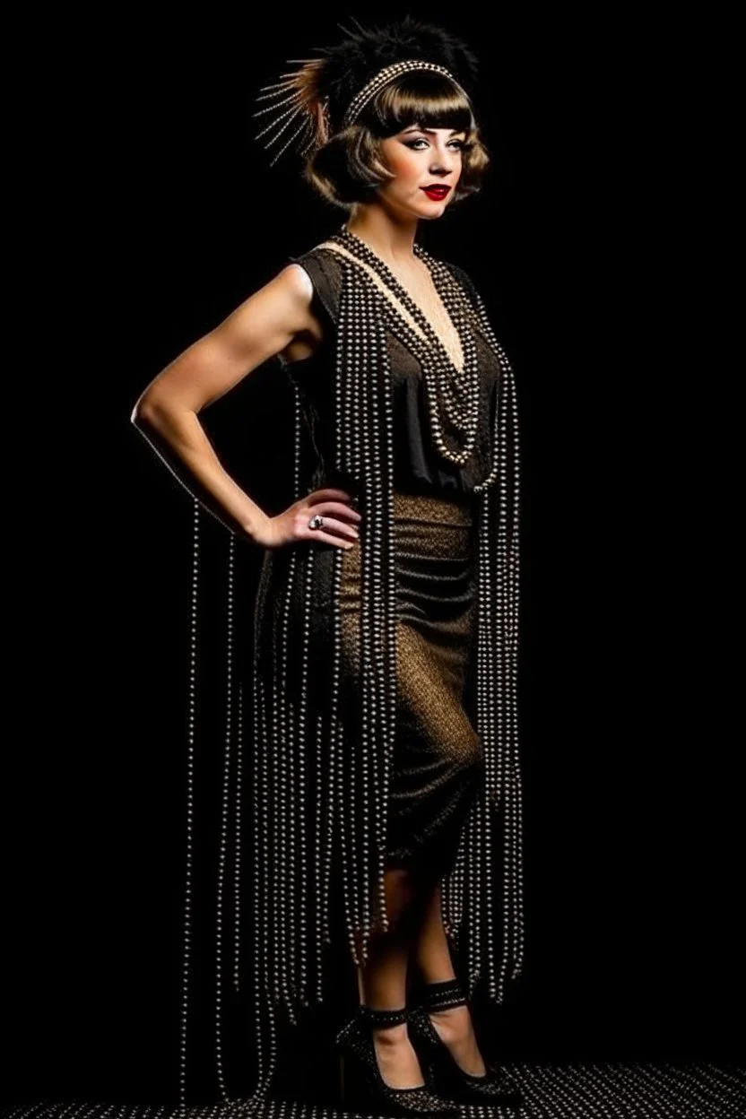 Full Body, burlesque Woman looking to the right, With A Bob With A Fringe Hairstyle, 1920s Clothing, Steampunk