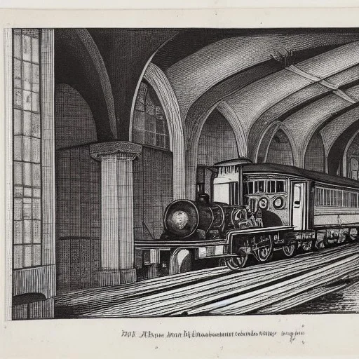 steam train in a railways station medieval print